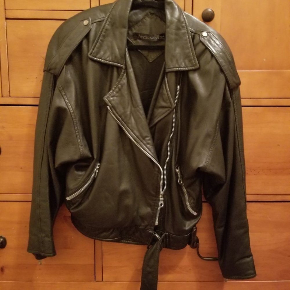Andrew Marc  vintage black leather moto jacket